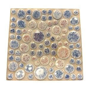 Mod small square tray abstract bubbles design blue tan white enamel on metal